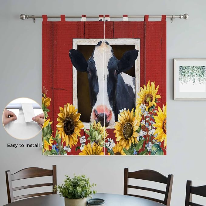 Cow Sunflowers Bedroom Curtains 72 Inch Length, Window Curtains Tab Top - Image 4