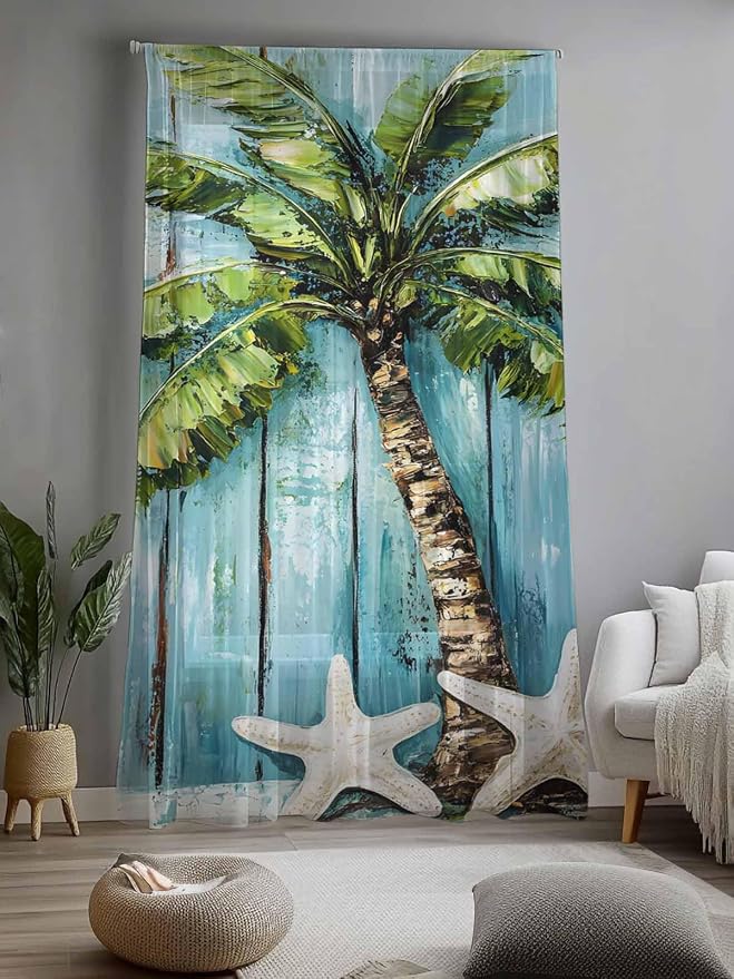 Sheer Curtains 96 Inches Long, Coastal Beach Starfish Semi Sheer Curtains Light - Image 2
