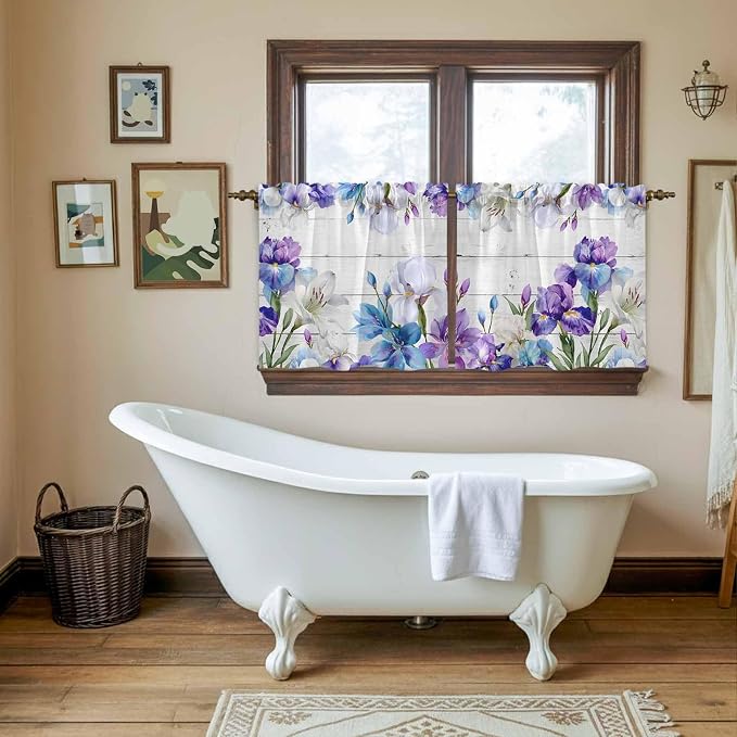 Spring Flowers Tier Curtains, Watercolor Garden Florals Wooden Grain Light - Image 5