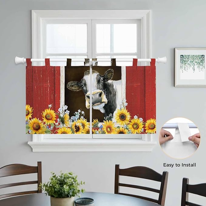 Cows Sunflowers Kitchen Curtains 36 Inch Length, Small Window Curtains Tab Top - Image 4