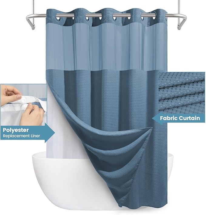 Moonlight Blue No Hook Shower Curtain with Snap in Liner,230GSM Waffle Weave Shower Curtains for Bathroom,71W x 74H