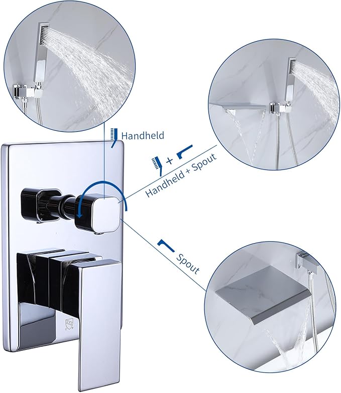 TapLong Wall Mount Bathtub Faucet with Waterfall Tub Spout Bath Tub Faucet Set with Handheld Shower Single Handle Tub Filler Shower Faucet Set with Rough-in Valve and Trim Kit, Polished Chrome, 91266