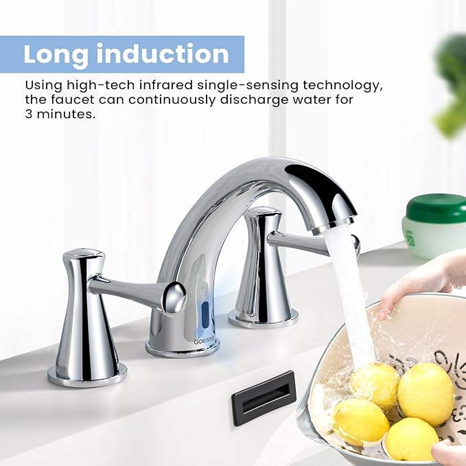 Touchless Bathroom Faucet for 3 Holes 3 Handles, Controlling Temperature & Adjustable Water Flow, Short & Long Induction Modes, Auto Motion Sensor Bathroom Faucet Set (29183 Chromed)
