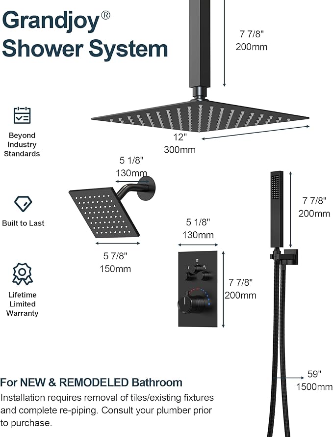 Thermostatic Shower System, Dual Rainfall Shower Heads for Ceilling & Wall Mounted with Handheld Sprayer, Matte Black