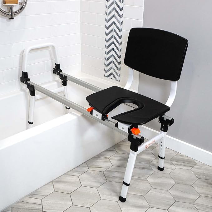 ShowerGlyde SG1 - FSA HSA Eligible - Sliding Shower Chair - Tub Transfer Bench with Grab Bar, Back Support | Premium Mobility Aid for Secure Bathroom Transfers