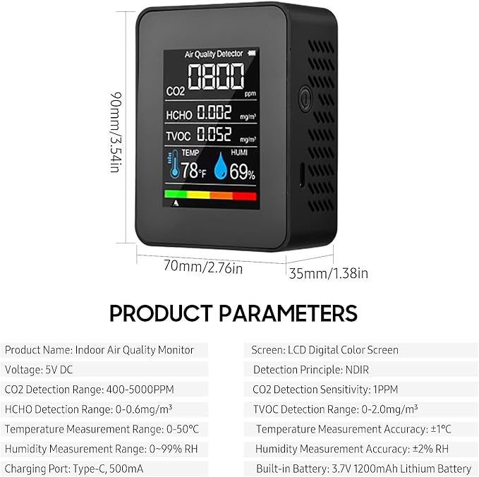 Prefessionall Indoor Air Quality Monitor, 5 in 1 Portable Smartair Quality - Image 3