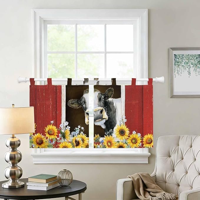 Cows Sunflowers Kitchen Curtains 36 Inch Length, Small Window Curtains Tab Top - Image 2