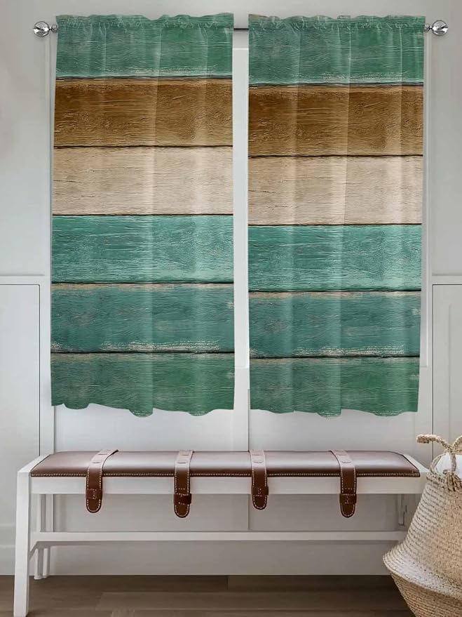 Vintage Plank Turquoise Brown Window Valance Curtains, Farmhouse Wood Grain - Image 2
