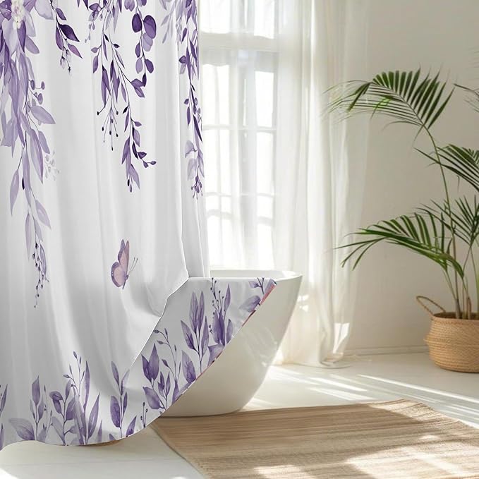 No Hook Shower Curtain and Liner Set, Light Purple Eucalyptus Floral Shower Curtains for Bathroom, Bath Curtain Sets with Snap in Liner, Waterproof with See Through Top Window, 71x84 Inches
