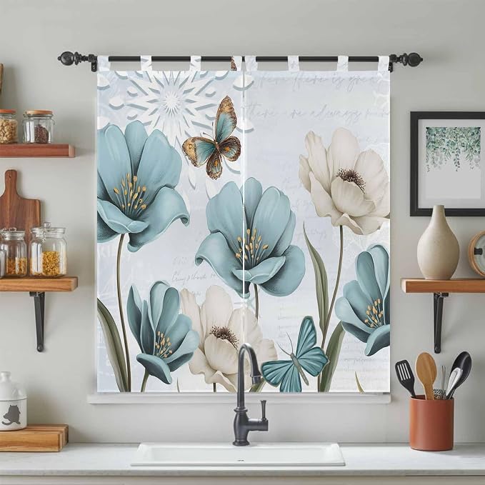 Blue Tulips Bathroom Curtains 63 Inch Length, Window Curtains Tab Top, - Image 3