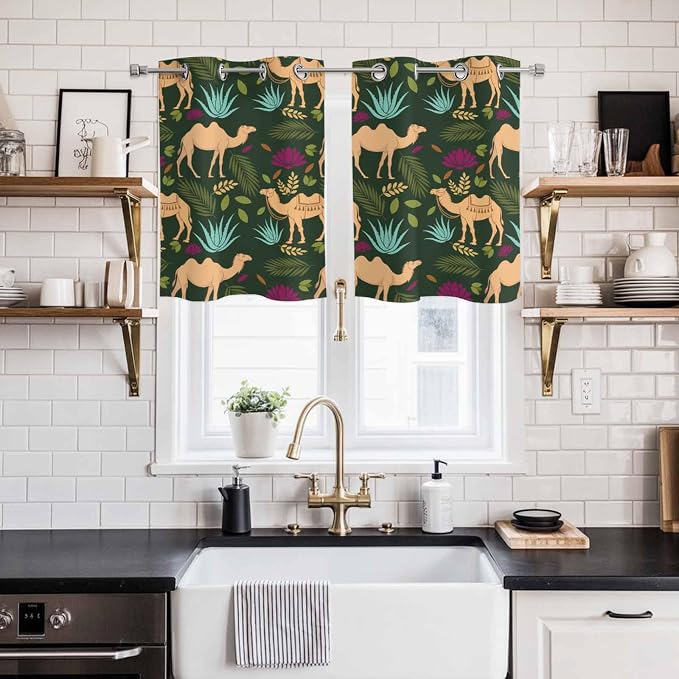 2 Panel Kitchen Cafe Curtains, Retro Desert Camel Sunlight Filtering Nature Air - Image 2