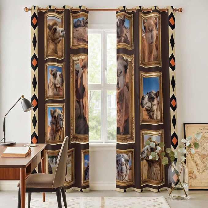 2 Panel Kitchen Cafe Curtains, Wildlife Camels Sunlight Filtering Nature Air - Image 4