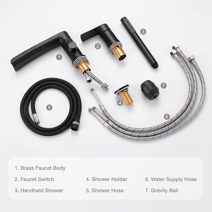 TapLong Waterfall Roman Tub Faucet with Hand Shower, Widespread Deck Mount Bathtub Faucet with Sprayer, Single-Handle 3-Holes Bathtub Shower Faucet Set in Matte Black, 03119B