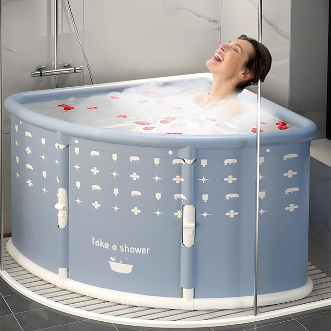 Foldable Bathtub for Adults, 28.8" Fan-Shaped Portable tub, Large Collapsible Soaking Tub Hot Bath & Ice Bath, Freestanding Corner Baths Thickened PVC No Installation Required, Indoor Outdoor