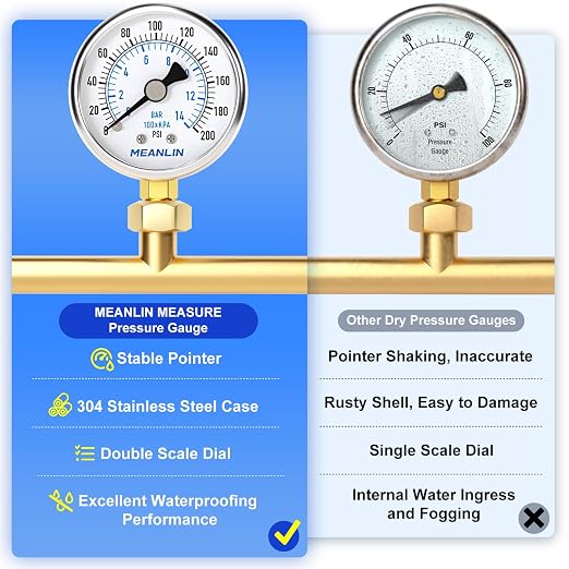 MEANLIN MEASURE 0~200Psi Dry Pressure Gauge Stainless Steel 1/8" NPT 2" FACE - Image 5