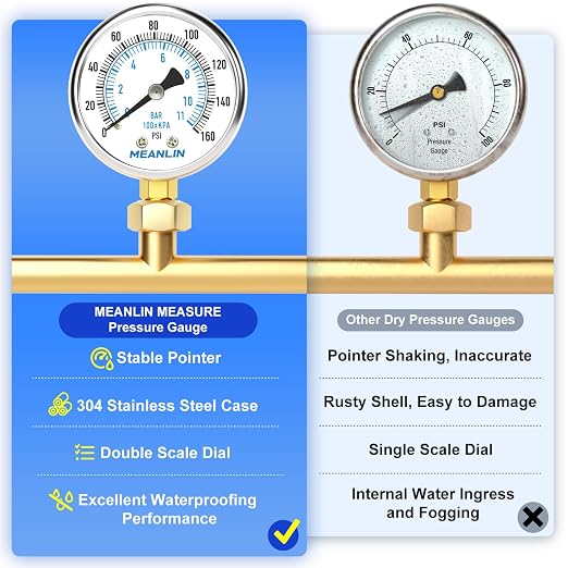 MEANLIN MEASURE 0~160Psi Dry Pressure Gauge Stainless Steel 1/4" NPT 2" FACE - Image 5