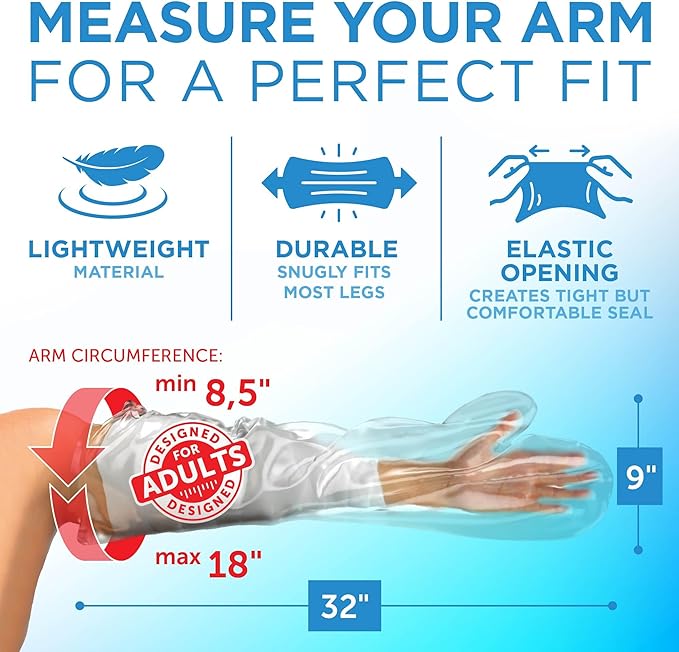 100% Waterproof Cast Covers for Shower Arm Adult - Tight Seal - 2pk Reusable Cast Protectors - Full Arm Bag Sleeves - Strong and Durable