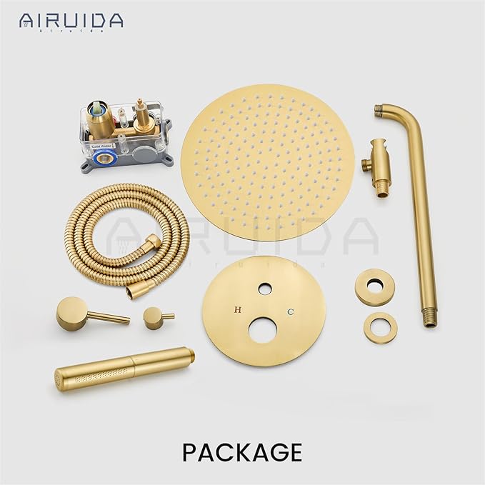 Airuida Shower Fixtures 2 Functions Shower Faucet Set Wall Mounted for Bathroom High Pressure Brass Handheld Shower with Rough-in Valve Round Rainfall 12 Inch Shower Head Brushed Gold