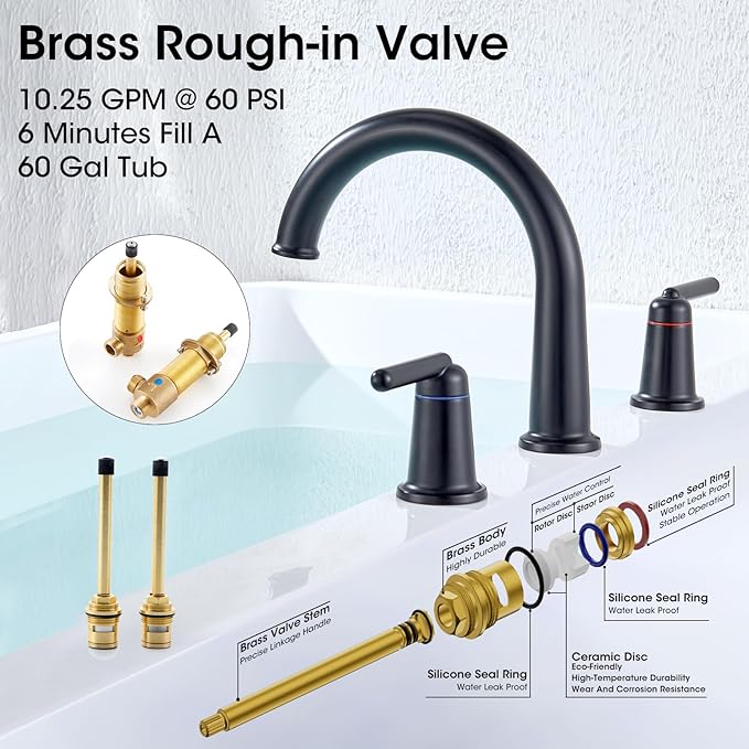 Bathtub Faucet Set 3 Hole, Widespread Deck Mount Tub Faucet with Valve Brass High Flow Tub Filler Garden Bath Tub Faucet Set 2-Handle High Arch Roman Bathtub Faucets Matte Black WT-9807BK