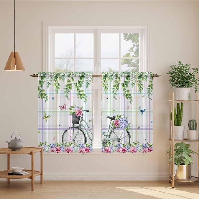 Spring Kitchen Curtains, Bicycles Botanical Leaves Rose Colorful Stripes Light - Image 3