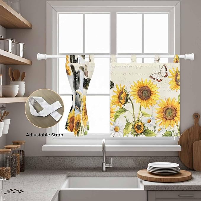 Yellow Sunflowers Kitchen Curtains 36 Inch Length, Small Window Curtains Tab Top - Image 5