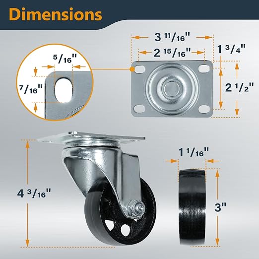 POWERTEC 3 Inch Cast Iron Swivel Caster Wheels Set of 4, Heavy Duty 992 lbs - Image 2