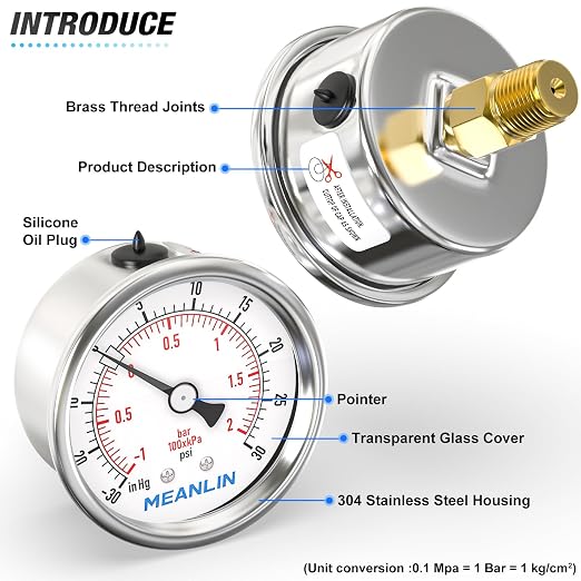 MEANLIN MEASURE -30inHG~30Psi Vacuum Gauge Stainless Steel 1/4" NPT 2" FACE - Image 4
