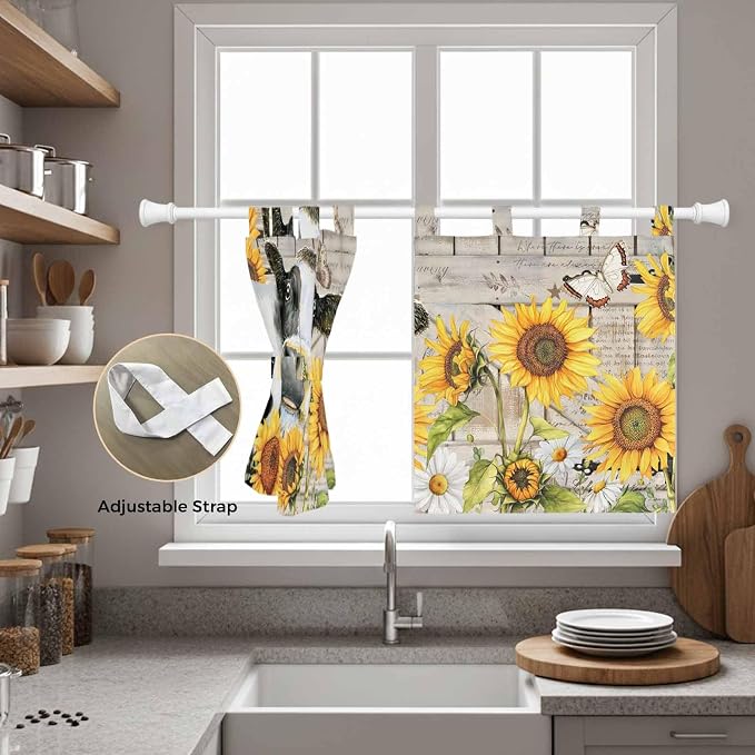 Yellow Sunflowers Kitchen Curtains 36 Inch Length, Small Window Curtains Tab Top - Image 5