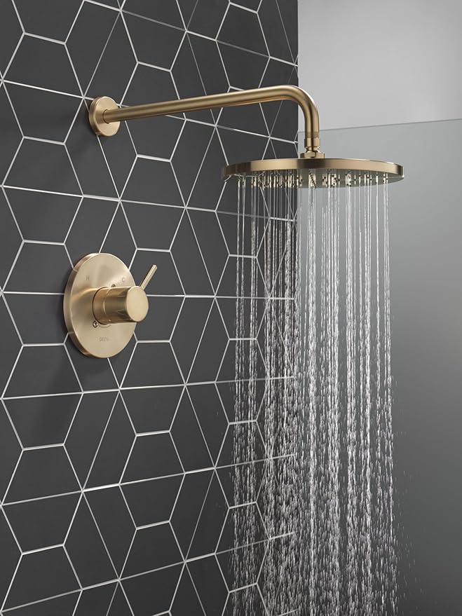Delta Modern 14 Series Round Rain Shower Faucet Set, Brushed Gold Shower Head and Handle Set, Valve Trim Kit, Champagne Bronze T14269-CZ-PP (Valve Not Included)