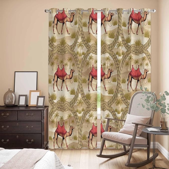 2 Panel Kitchen Cafe Curtains, Desert Camels Sunlight Filtering Nature Air - Image 3
