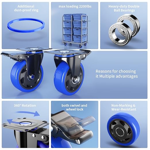 5 Inch Caster Wheels with Safety Dual Locking, Heavy Duty Casters Set of 4 - Image 5
