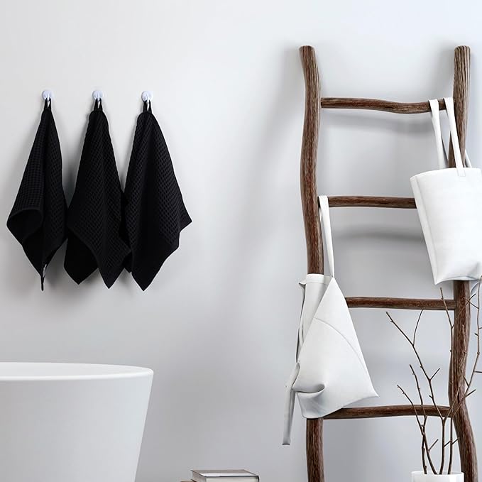 PÜSKÜL Organic Waffle Hand & Kitchen Towel 100% Turkish Cotton Set of 3 Black - Premium Quality, Soft, Quick-Dry, Absorbent, Lint-Free Waffle Weave Towels (3, Black)