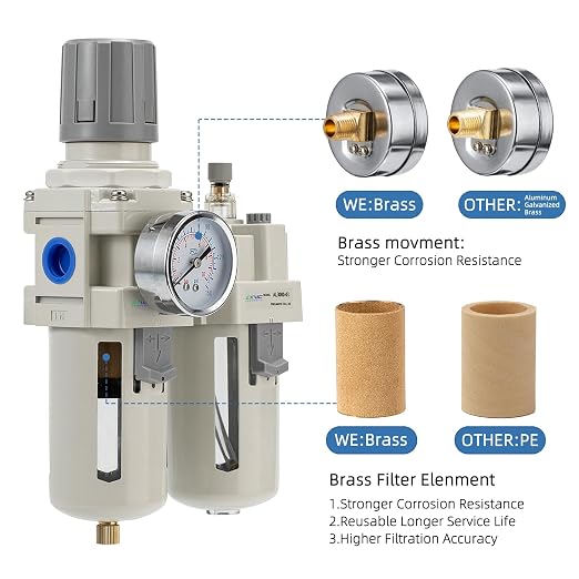 3/8" NPT Compressed Air Filter Regulator Lubricator Combination, Water/Oil Trap - Image 5
