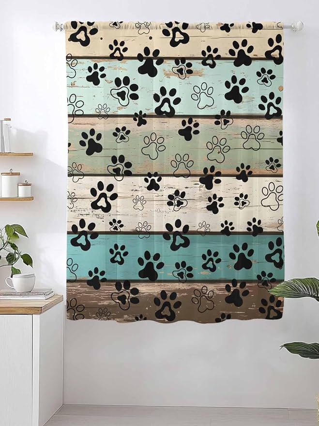 Sheer Curtains 72 Inches Long, Sage Green Brown Paw Prints Semi Sheer Curtains - Image 2