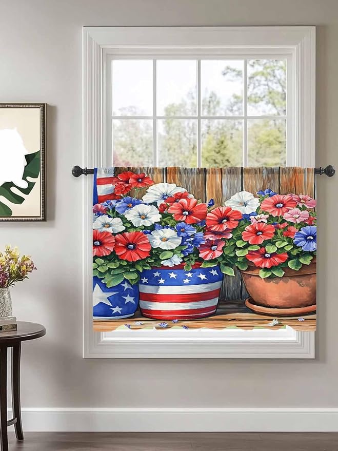 Sheer Curtains 54 Inch Length, Retro Independence Day Flag Wood Grain Privacy - Image 2