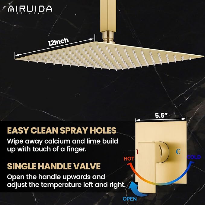 Airuida Shower Faucet Set and Handle Set Single Function Shower Trim Kit Ceiling Mount Rainfall Shower System with Male Threads and Rough-in Valve 12 Inch Square Shower Head Brushed Gold