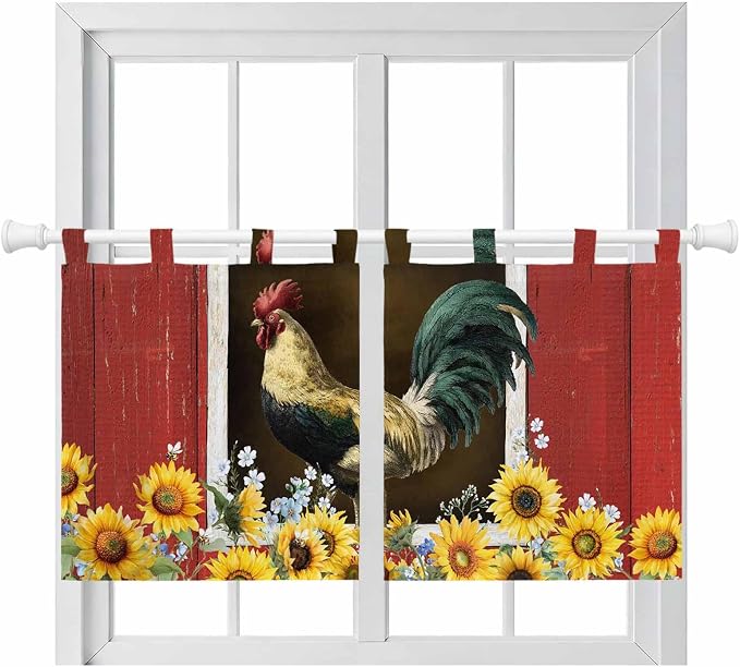 Chicken Sunflowers Kitchen Curtains 36 Inch Length, Small Window Curtains Tab by Unknown