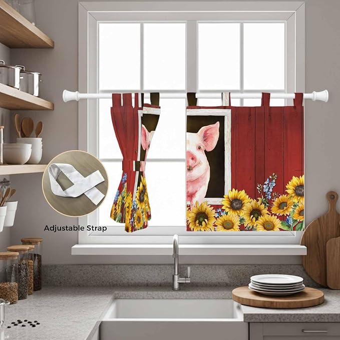 Pigs Sunflowers Kitchen Curtains 24 Inch Length, Small Window Curtains Tab Top - Image 5