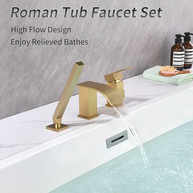 TapLong Waterfall Roman Tub Faucet with Hand Shower, Deck Mount 3 Hole Bathtub Faucet Set High Flow Bath Tub Faucet Set Deck Mount Solid Brass, Brushed Gold，03766BG