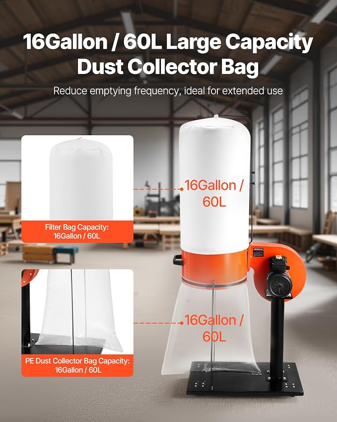 VEVOR Dust Collector, 800 CFM 2.5 Micron Vortex Cone Dust Collectors, 1HP - Image 4