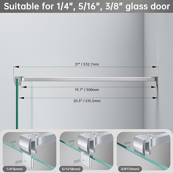 Frameless Shower Door Support Bar, Stainless Steel Wall-to-Glass Support Arm to Fixed Shower Glass Panel, for 1/4"-3/8" (6-10 mm) Door, 180° Pivot & Stow-Flat Mode (Brushed Nickel, 19.7-inch(500mm))