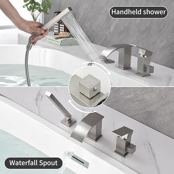 TapLong Waterfall Roman Tub Faucet with Hand Shower, Deck Mount 3 Hole Bathtub Faucet Set High Flow Bath Tub Faucet Set Deck Mount Solid Brass, Brushed Nickel,03766BN