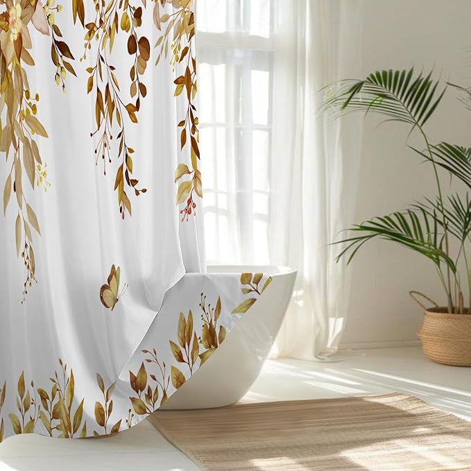 No Hook Shower Curtain and Liner Set, Yellow Eucalyptus Floral Shower Curtains for Bathroom, Bath Curtain Sets with Snap in Liner, Waterproof with See Through Top Window, 71x77 Inches
