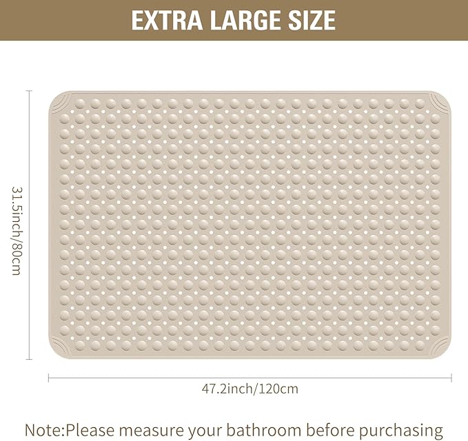 Yolife Extra Large TPE Shower Mat, 47.2" L x 31.5" W Anti Slip Bath Mat with Drain Holes and Suction Cups, Large Size Mat More Suitable for Shower Stall, No Odor, Heavy Mat