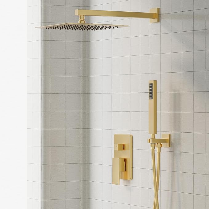 Gabrylly Gold Shower System, High-Pressure 10" Stainless Steel Rain Showerhead with handheld Spray Combo, Rainfall Shower Faucet Set Complete, 2 Way Valve Included, Brushed Gold