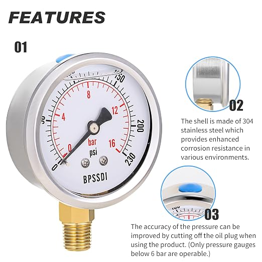 0-230 Psi Glycerin Liquid Filled Pressure Gauge, 2.5" Dial Size, 1/4" NPT Lower - Image 4