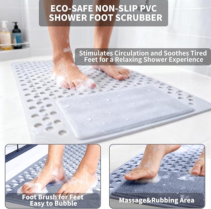 Bath Tub Shower Mat with Soft Shower Foot Scrubber Mat for Massage,Non Slip Bathtub Mat with Strong Suction Cups, Silicone Shower Foot Scrubber Mat (Dusty Blue, 27.5" X 15.7"(Rectangular))