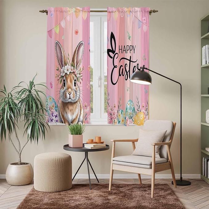 Easter Kitchen Curtains, Spring Rabbit Eggs Flowers Flags Leaves Wood Grain - Image 7