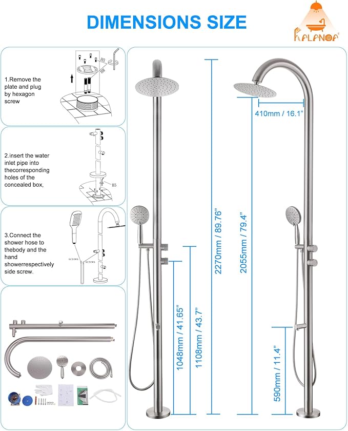 Free Standing Outdoor Shower Stainless Steel, 5-Function Nickel Shower Kit with 10''Rain Shower Head,Outdoor Shower Fixture for Backyard Beach Poolside,Floor Mounted
