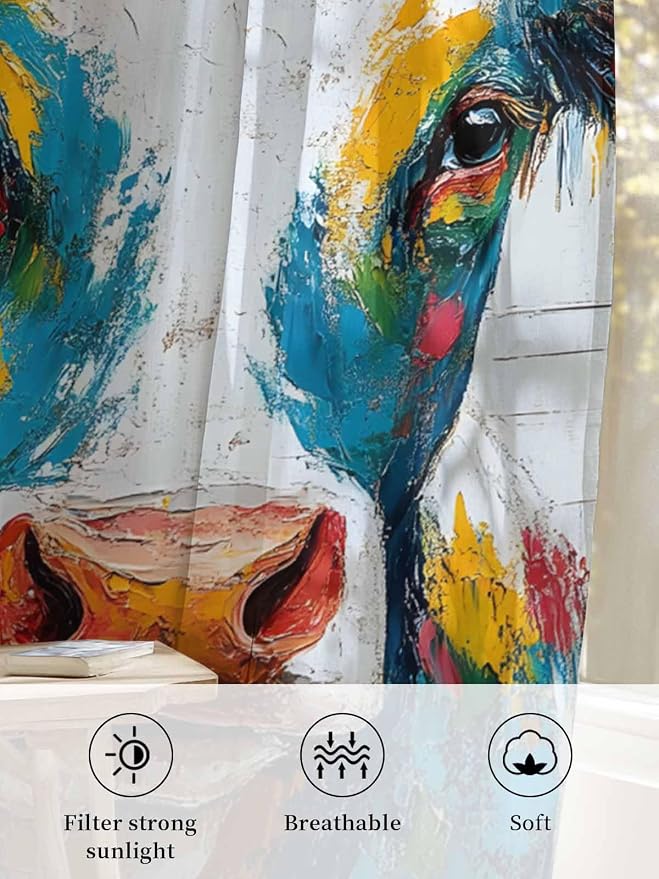 Sheer Curtains 63 Inch Length, Rustic Cow Semi Sheer Curtains Light Filtering - Image 6